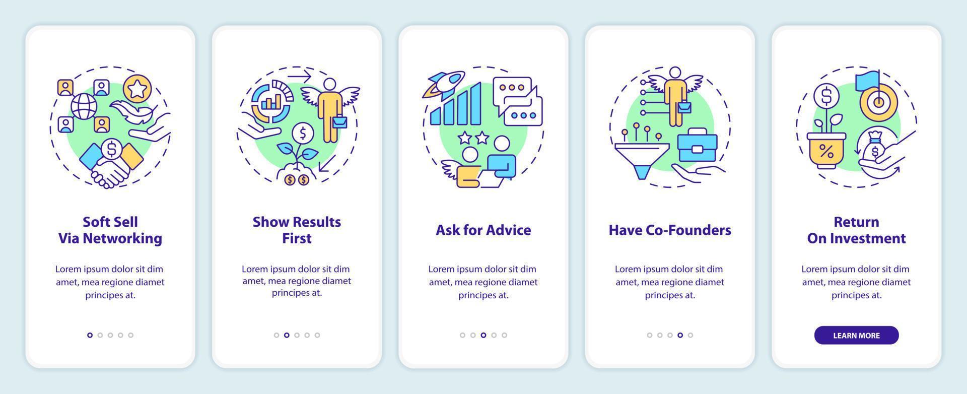 Ways to attract investors onboarding mobile app screen vector