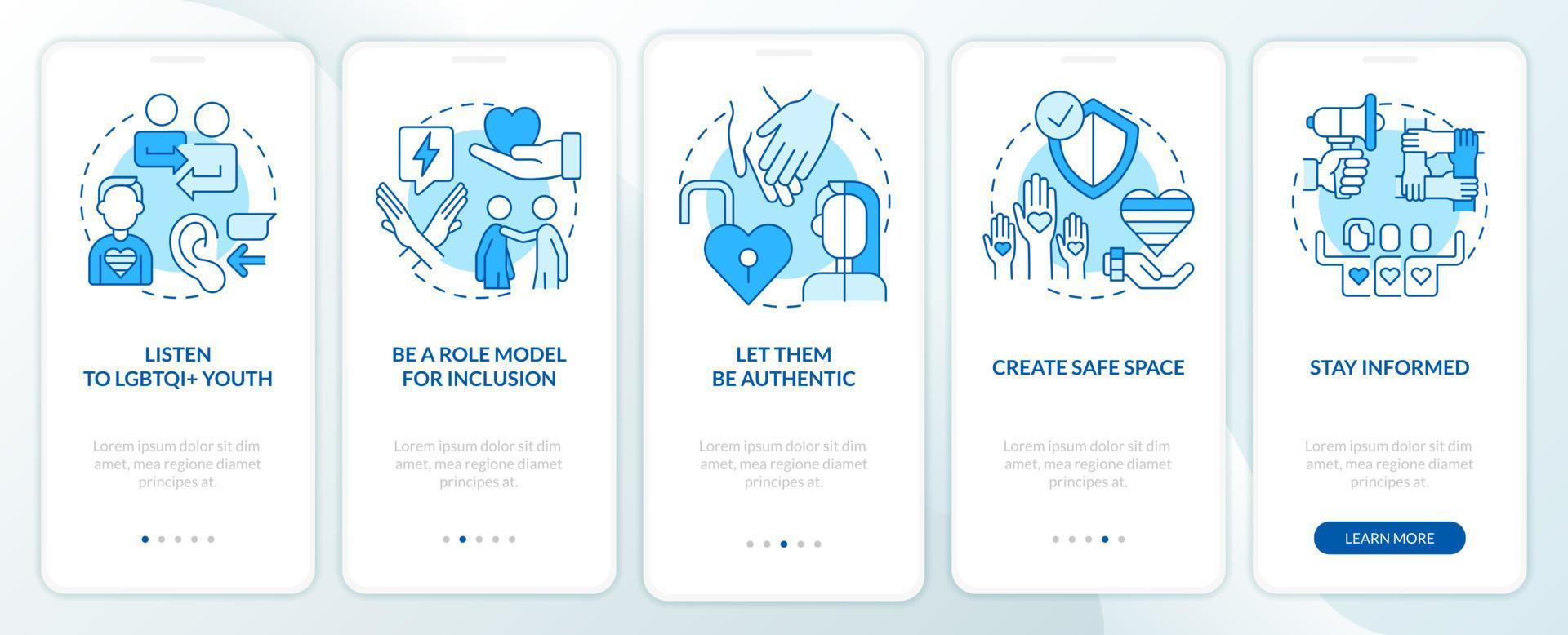 Supporting LGBT youth blue onboarding mobile app screen. Walkthrough 5 steps editable graphic instructions with linear concepts. UI, UX, GUI template vector