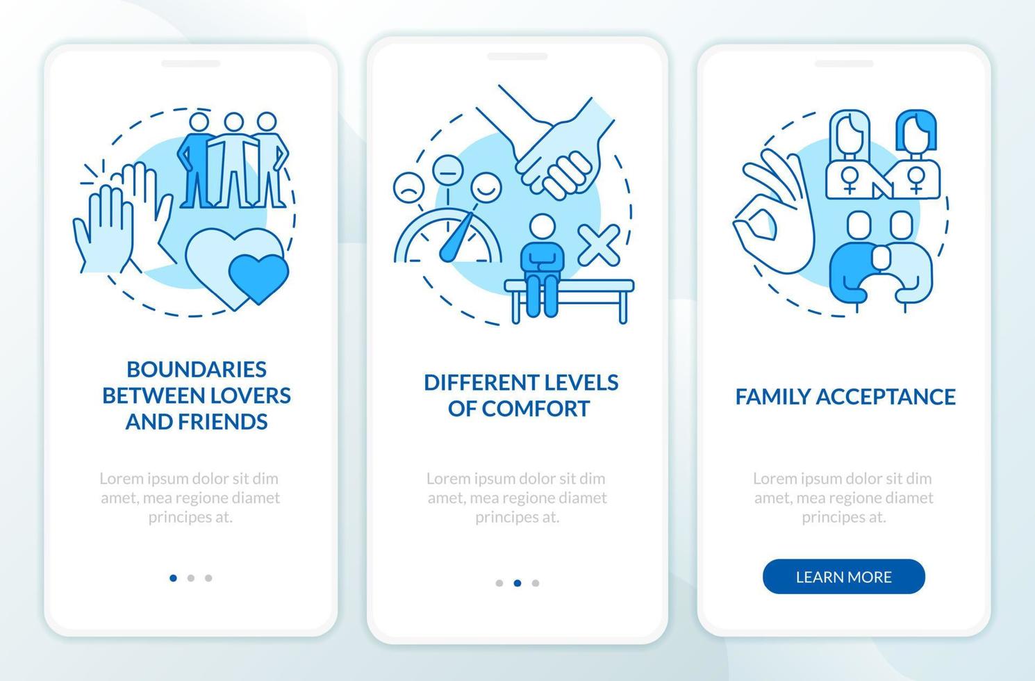 Issues within LGBT couples blue onboarding mobile app screen. Walkthrough 3 steps editable graphic instructions with linear concepts. UI, UX, GUI template vector