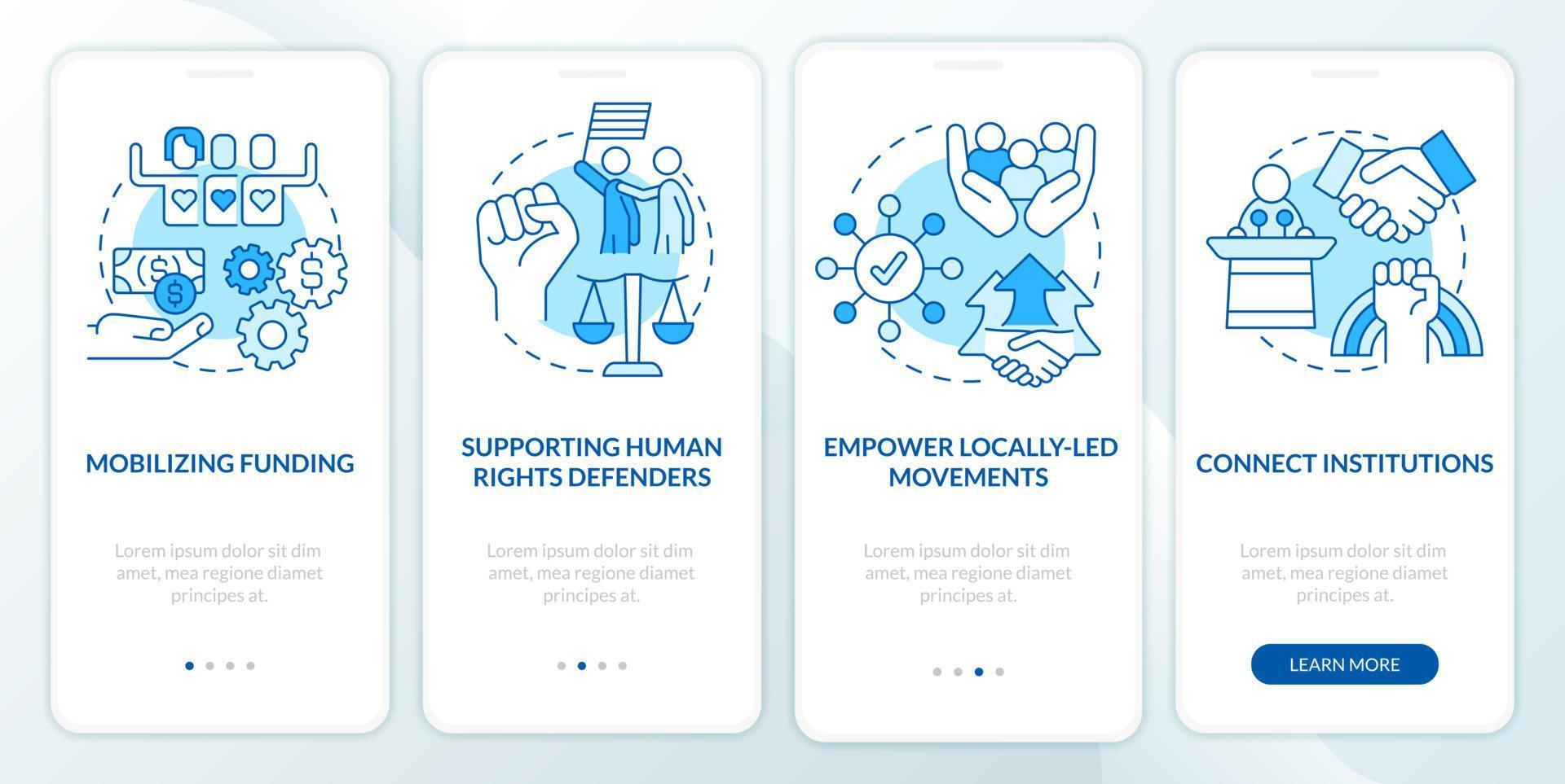 State support of LGBT community blue onboarding mobile app screen. Walkthrough 4 steps editable graphic instructions with linear concepts. UI, UX, GUI template vector