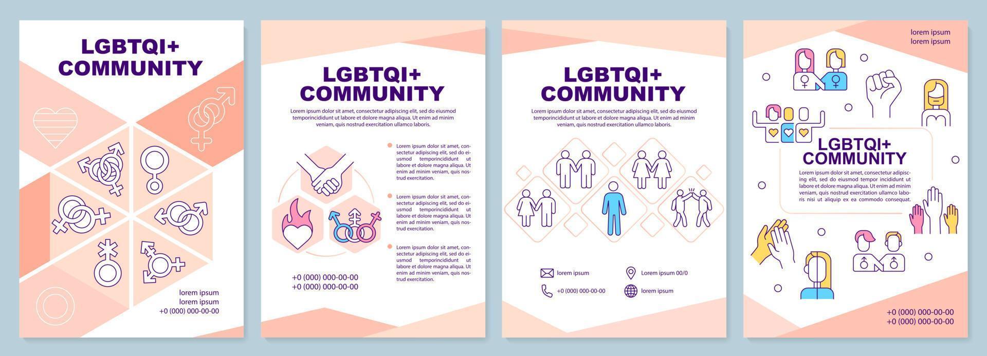 plantilla de folleto rosa de la comunidad lgbtqi. grupo social. diseño de folletos con iconos lineales. 4 diseños vectoriales editables para presentación, informes anuales vector