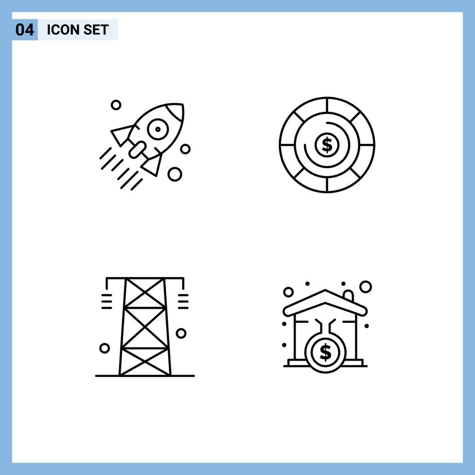 Mobile Interface Line Set of 4 Pictograms of launch energy startup coins power Editable Vector Design Elements
