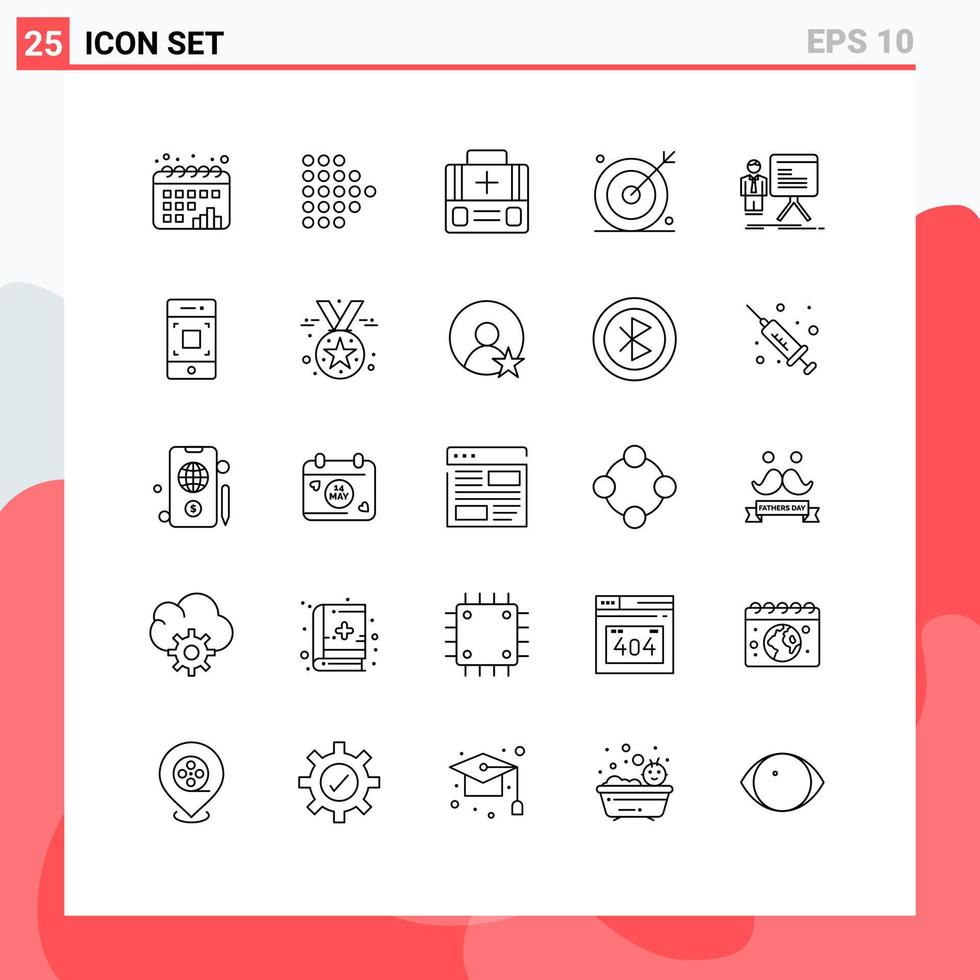 Pictogram Set of 25 Simple Lines of businessman seo first aid search media Editable Vector Design Elements