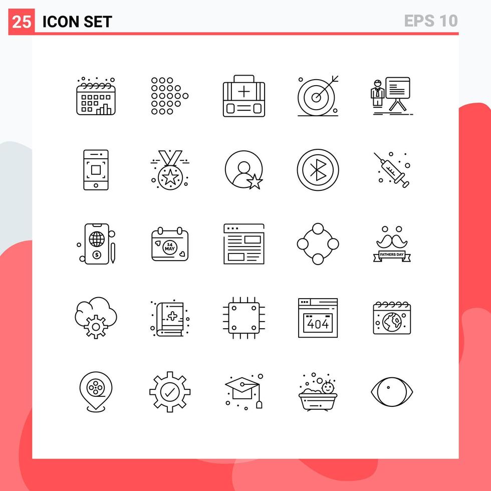 conjunto de pictogramas de 25 líneas simples de elementos de diseño vectorial editables de medios de búsqueda de primeros auxilios seo de empresario vector