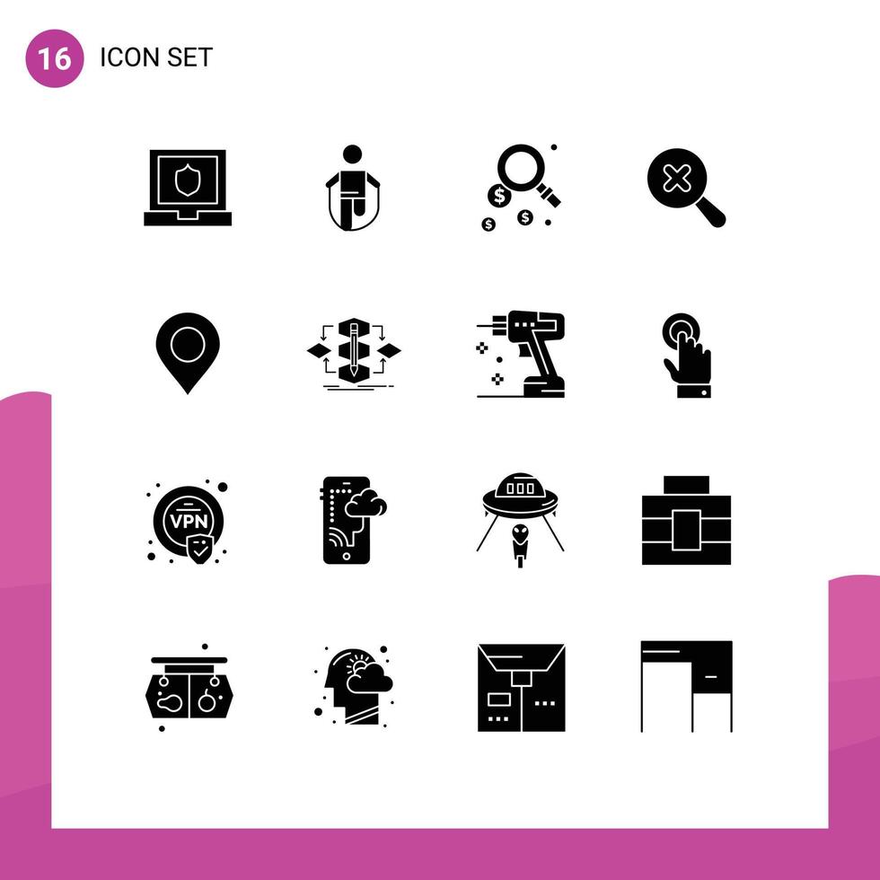 Pack of 16 Modern Solid Glyphs Signs and Symbols for Web Print Media such as algorithm marker dollar location search Editable Vector Design Elements