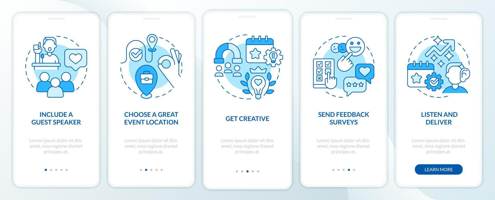 Increasing events attendance blue onboarding mobile app screen vector