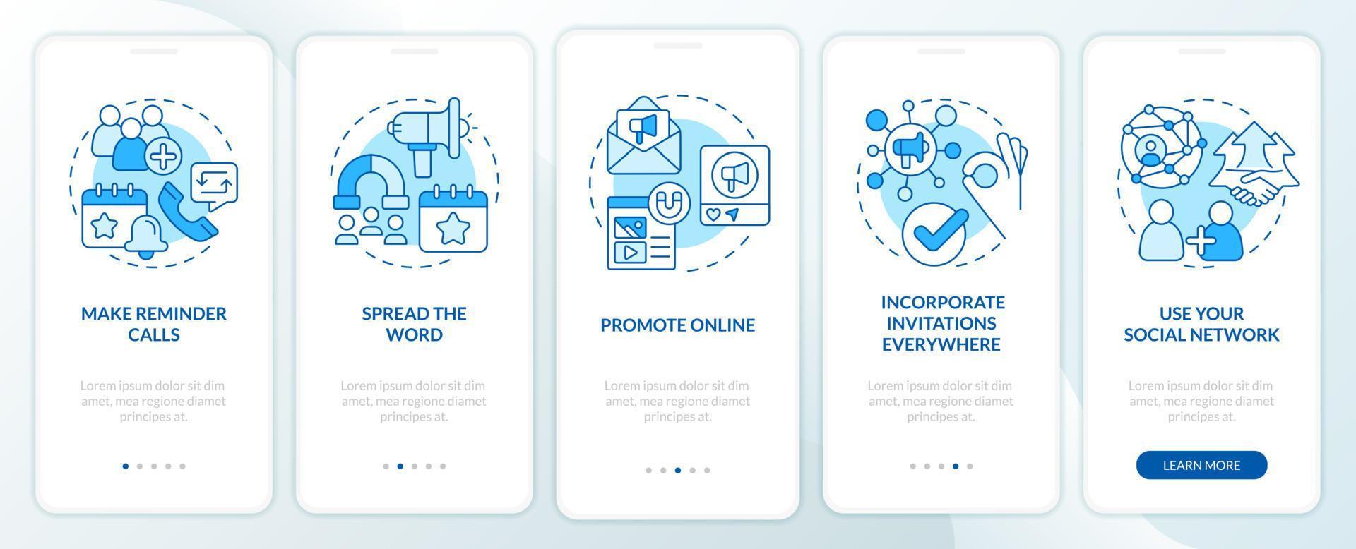 Engaging guests on business meeting blue onboarding mobile app screen vector