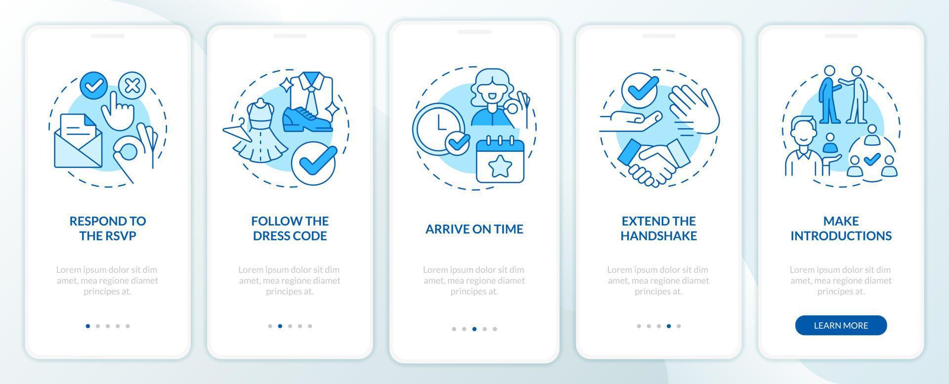 Business event etiquette rules blue onboarding mobile app screen vector