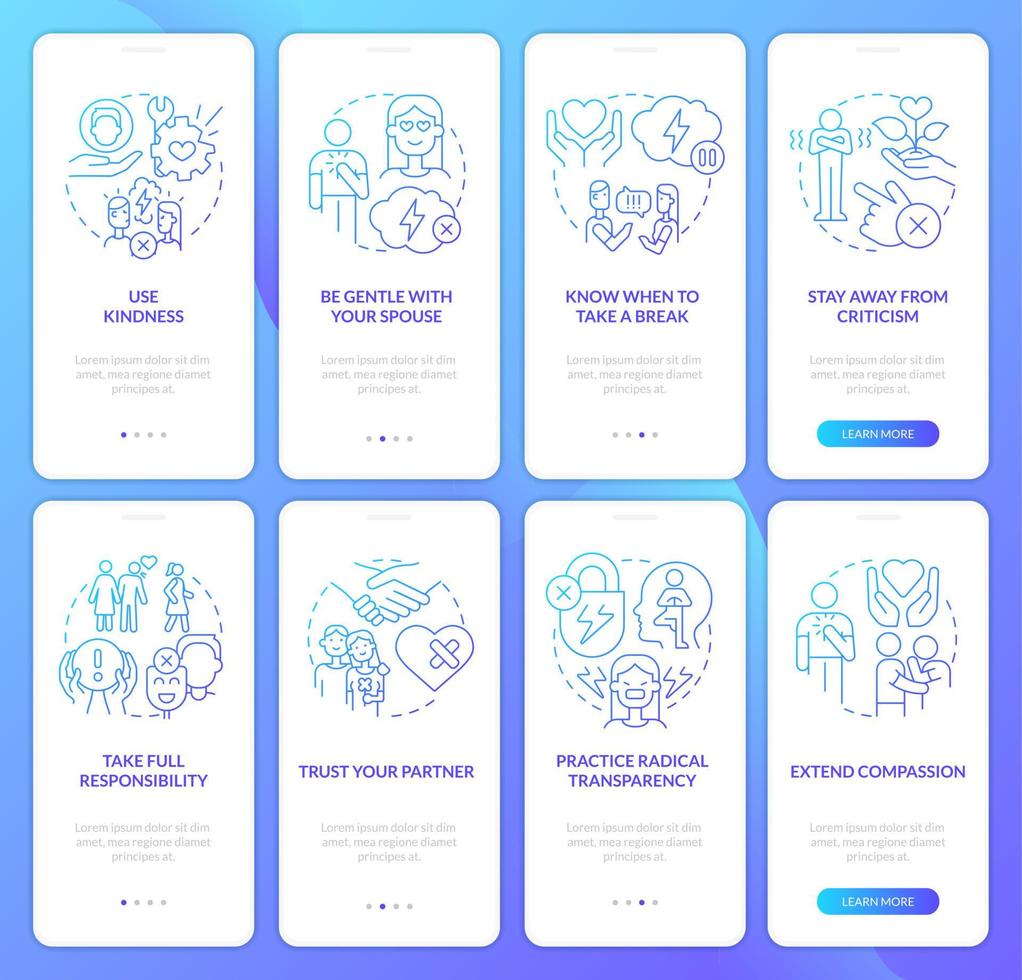 Save relationship and marriage blue gradient onboarding mobile app screen set vector