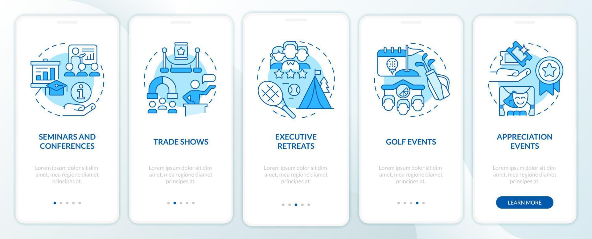 Corporate events types blue onboarding mobile app screen vector