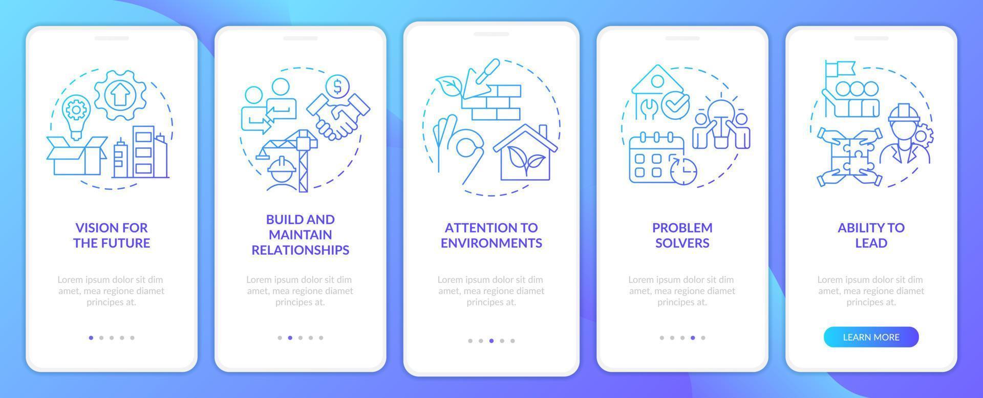 Housing developer characteristics blue gradient onboarding mobile app screen vector