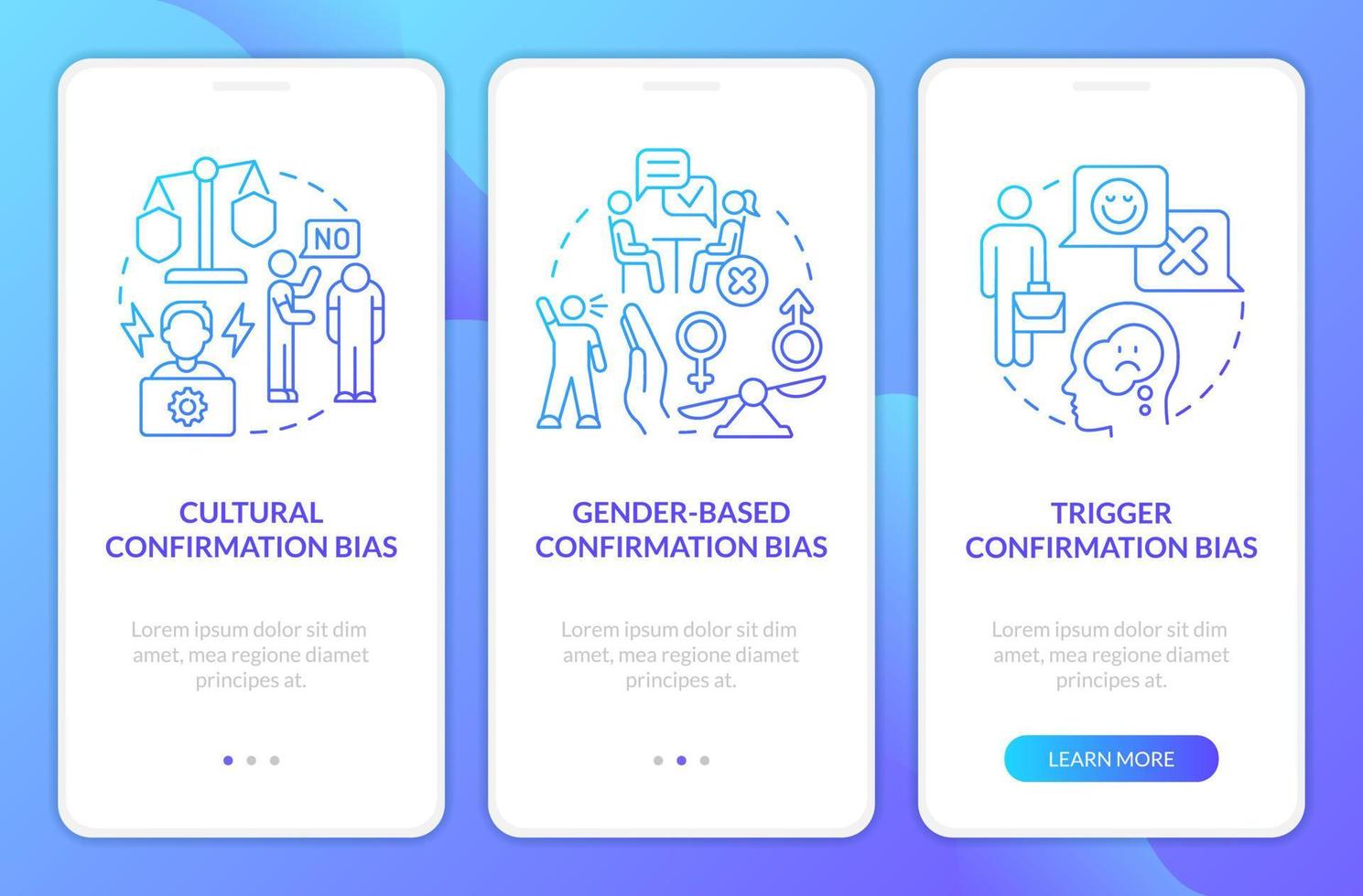 Confirmation bias in recruitment blue gradient onboarding mobile app screen. Walkthrough 3 steps graphic instructions with linear concepts. UI, UX, GUI template. Myriad Pro-Bold, Regular fonts used vector