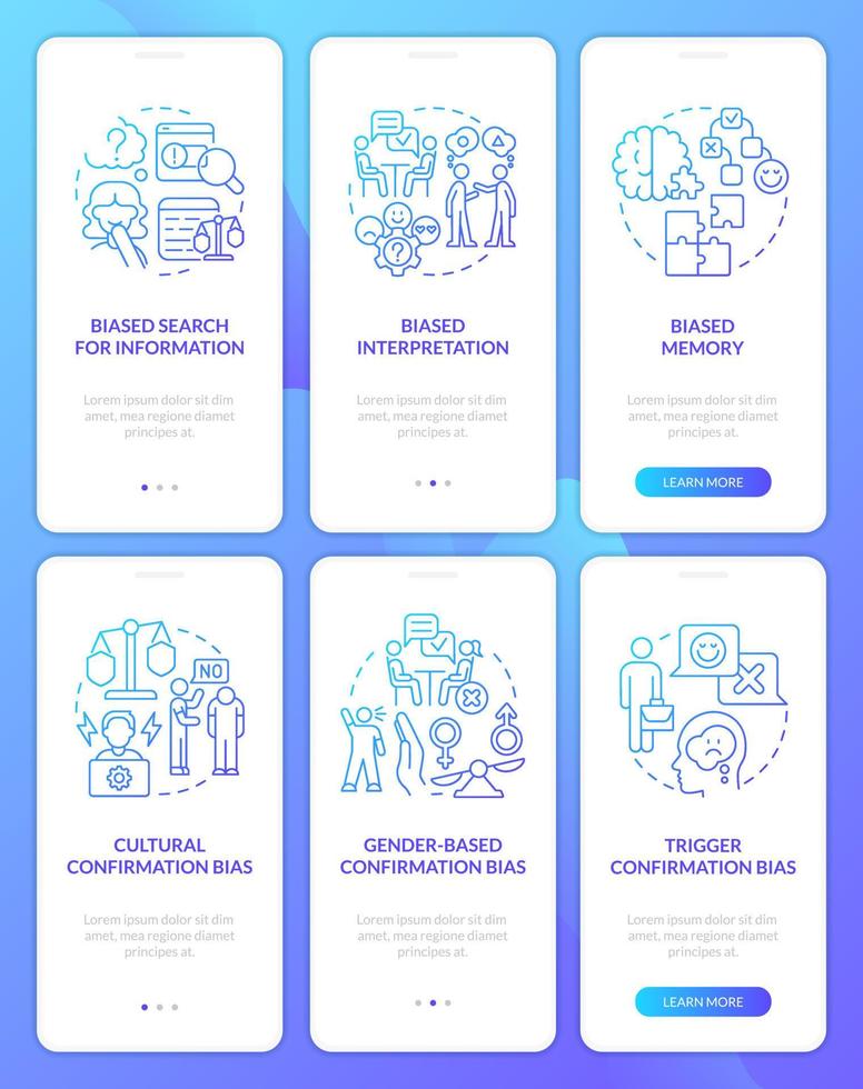 Confirmatory bias blue gradient onboarding mobile app screen set. Walkthrough 3 steps graphic instructions with linear concepts. UI, UX, GUI template. Myriad Pro-Bold, Regular fonts used vector