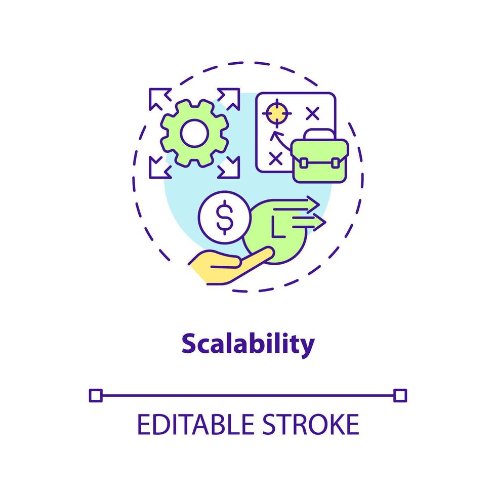 icono del concepto de escalabilidad. desarrollo de la empresa. ampliar las oportunidades de negocio idea abstracta ilustración de línea delgada. dibujo de contorno aislado. trazo editable. arial, innumerables fuentes pro-bold utilizadas vector