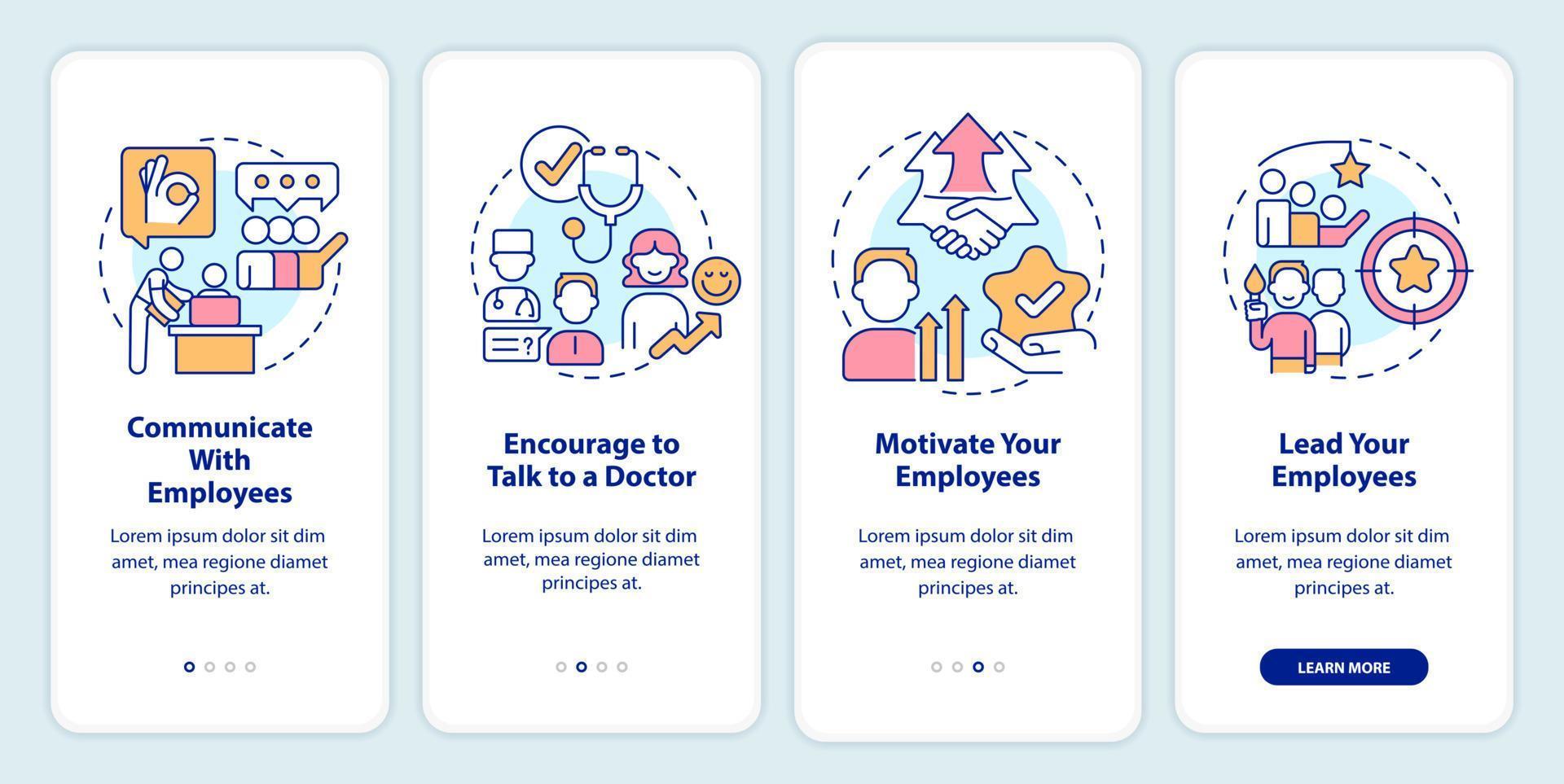Leaders guide onboarding mobile app screen. Prevent employee burnout walkthrough 4 steps editable graphic instructions with linear concepts. UI, UX, GUI template vector