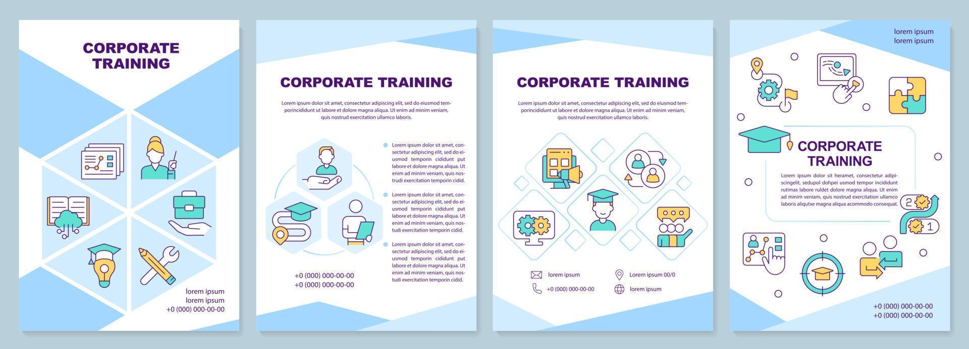Corporate training blue brochure template. E learning. Leaflet design with linear icons. Editable 4 vector layouts for presentation, annual reports