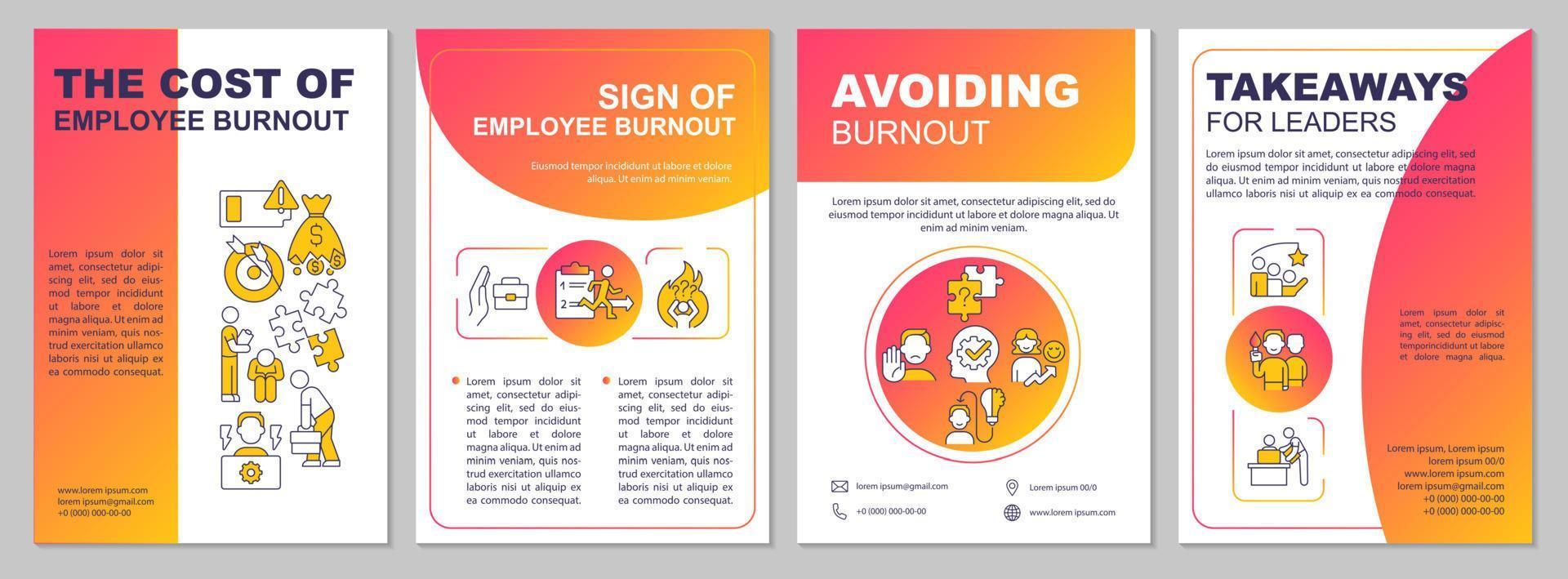 Employee burnout impact red gradient brochure template. Workplace stress. Leaflet design with linear icons. 4 vector layouts for presentation, annual reports