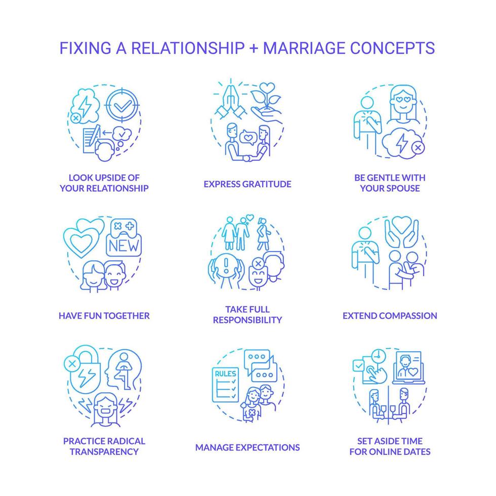 Fixing relationship and marriage blue gradient concept icons set. Healthy communication with partner idea thin line color illustrations. Isolated symbols. Roboto-Medium, Myriad Pro-Bold fonts used vector