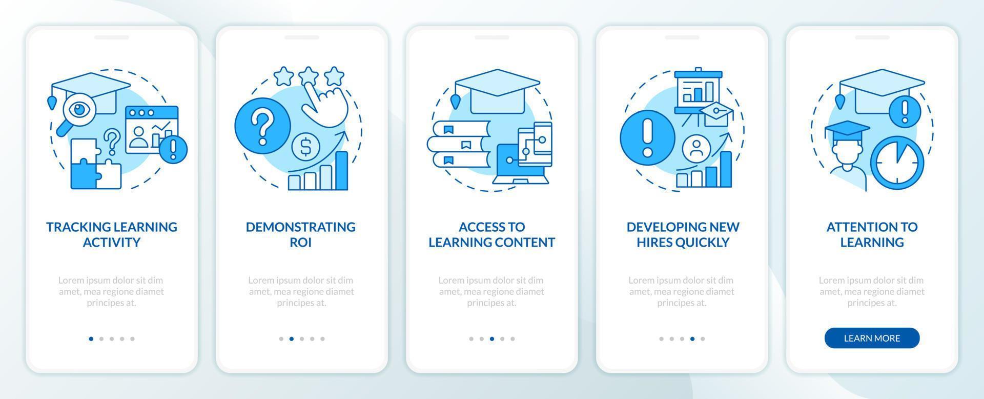 Problems with corporate training blue onboarding mobile app screen. Walkthrough 5 steps editable graphic instructions with linear concepts. UI, UX, GUI template vector