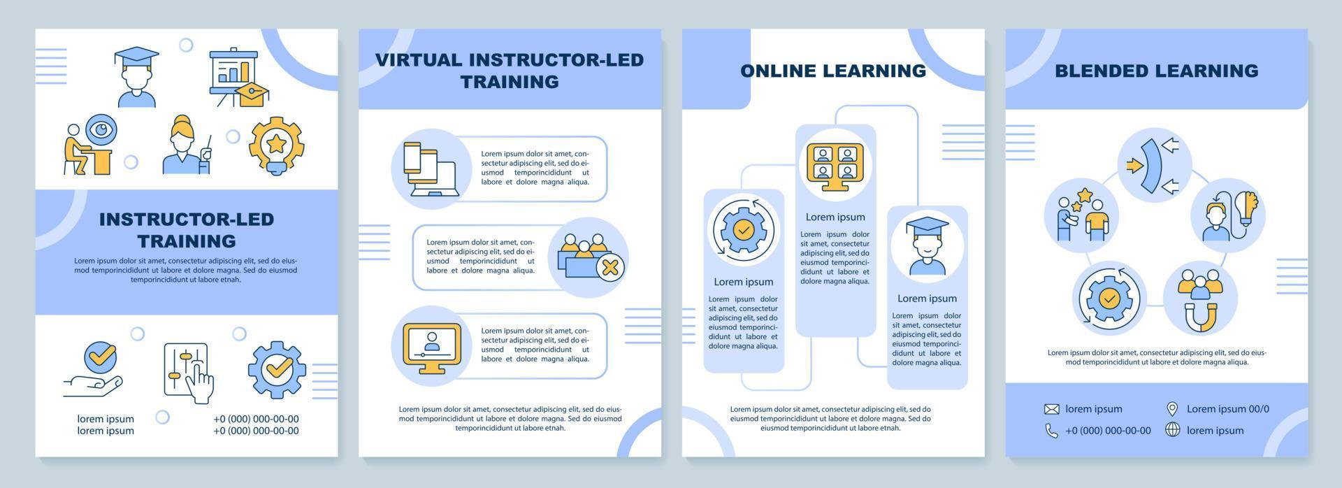 Types of training blue brochure template. Virtual instructor. Leaflet design with linear icons. Editable 4 vector layouts for presentation, annual reports