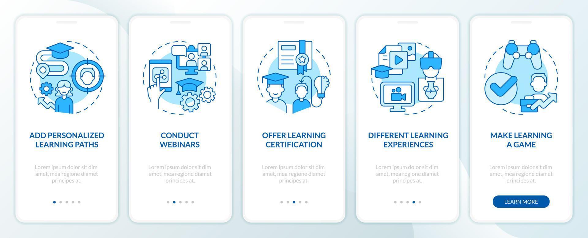 Building online training programs blue onboarding mobile app screen. Walkthrough 5 steps editable graphic instructions with linear concepts. UI, UX, GUI template vector