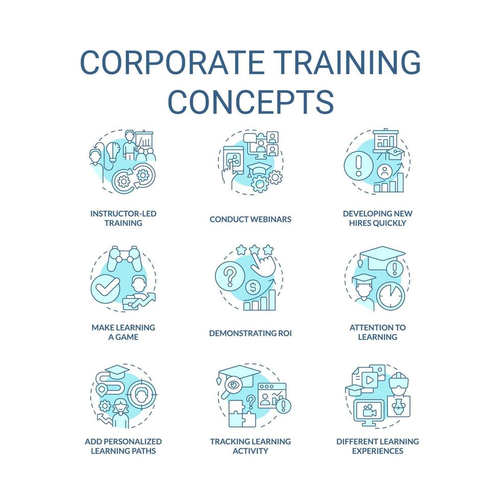 Corporate training turquoise concept icons set. Development in workplace idea thin line color illustrations. Webinars. Isolated symbols. Editable stroke vector