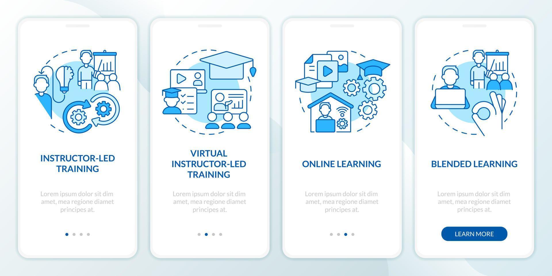 Organize corporate training program blue onboarding mobile app screen. Walkthrough 4 steps editable graphic instructions with linear concepts. UI, UX, GUI template vector