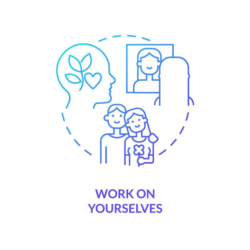 Work on yourselves blue gradient concept icon. How to save relationship abstract idea thin line illustration. Self esteem and love. Mind growth. Isolated outline drawing. Myriad Pro-Bold font used vector
