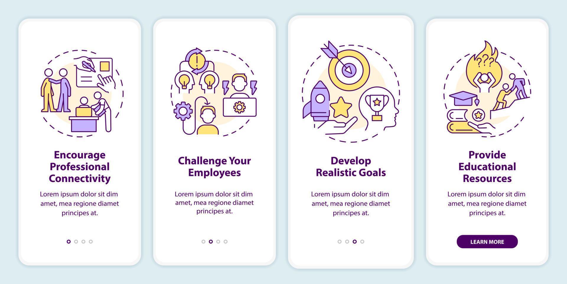 Empower employees onboarding mobile app screen. Motivate workers walkthrough 4 steps editable graphic instructions with linear concepts. UI, UX, GUI template vector