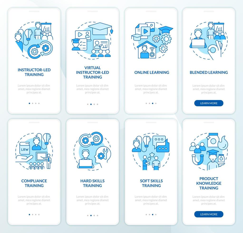 Developing training programs blue onboarding mobile app screen set. Walkthrough 4 steps editable graphic instructions with linear concepts. UI, UX, GUI template vector