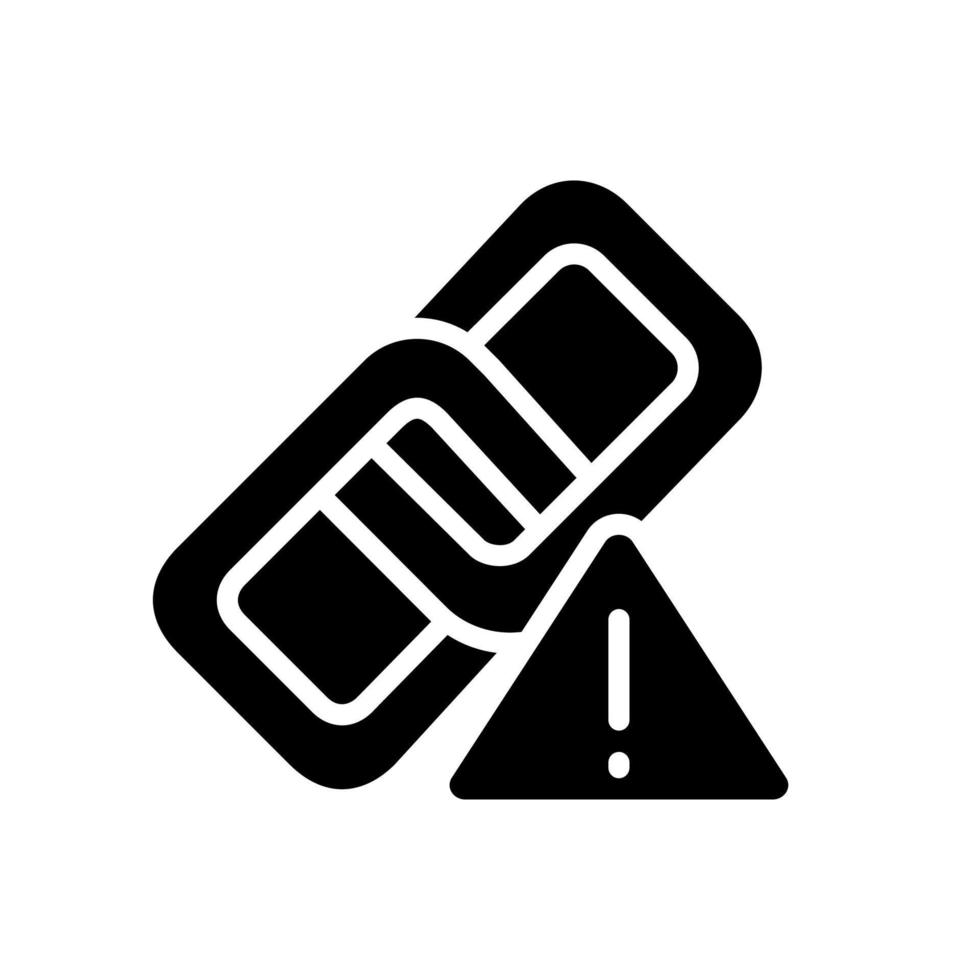 Wrong link black glyph icon. Broken hyperlink. Damaged connection. Redirecting failure. Warning signal. Silhouette symbol on white space. Solid pictogram. Vector isolated illustration