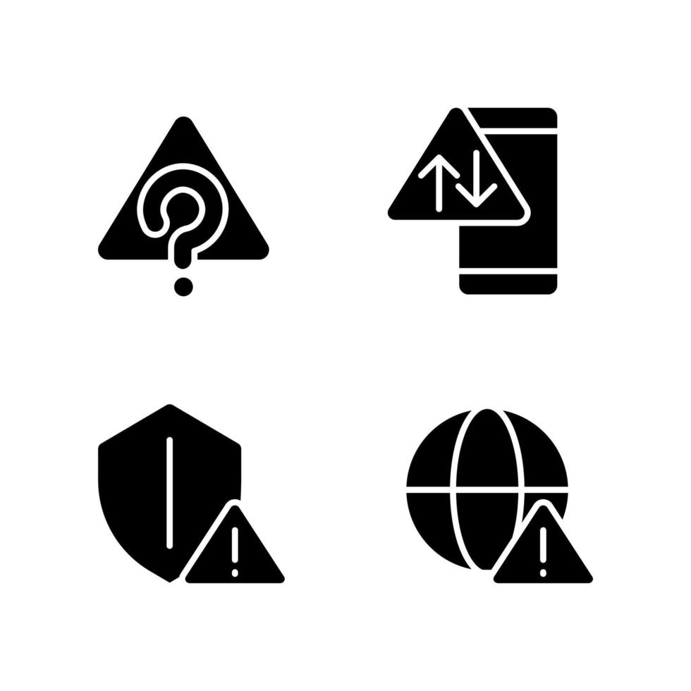 Internet connection issues black glyph icons set on white space. Unknown system error. Smartphone data problem. Silhouette symbols. Solid pictogram pack. Vector isolated illustration