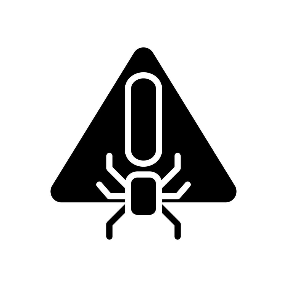 Virus warning black glyph icon. Malicious software. Antivirus program precaution. Computer protection. Silhouette symbol on white space. Solid pictogram. Vector isolated illustration