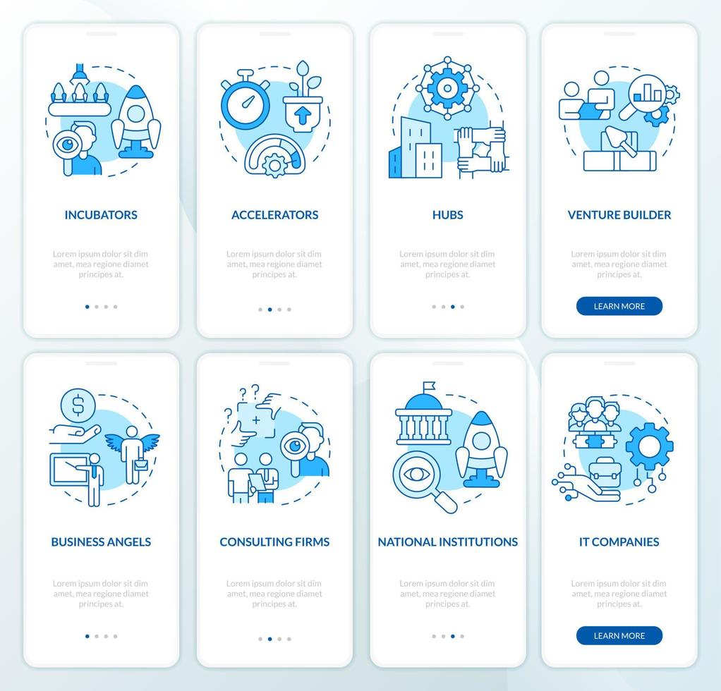 conjunto de pantalla de aplicación móvil de incorporación azul de opciones de financiación de inicio vector