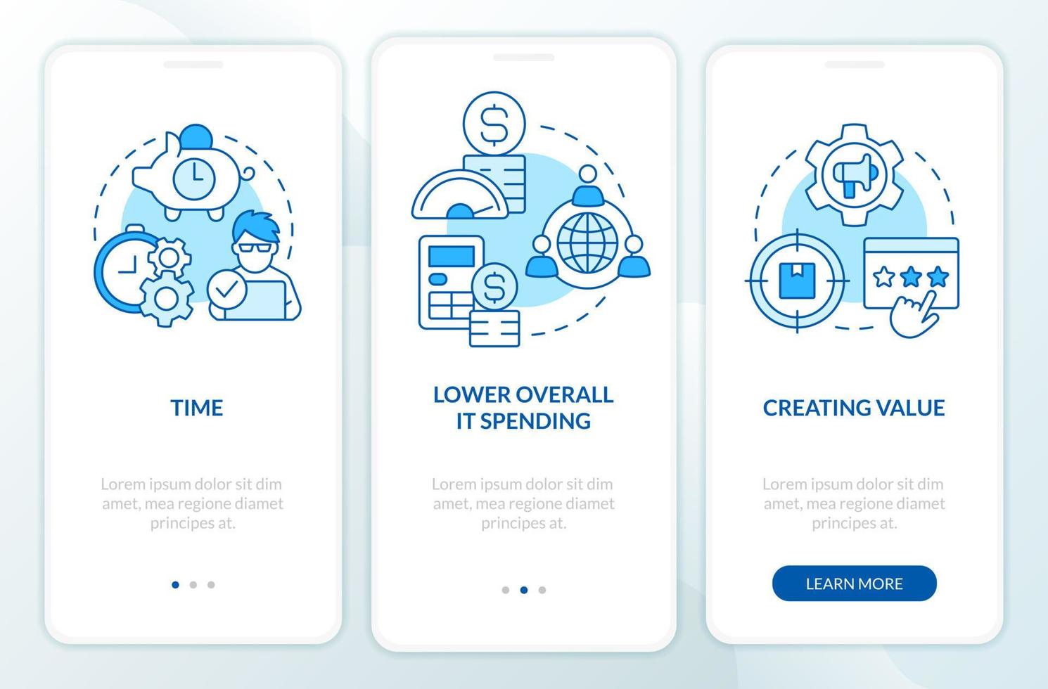 IT outsourcing benefits blue onboarding mobile app screen vector