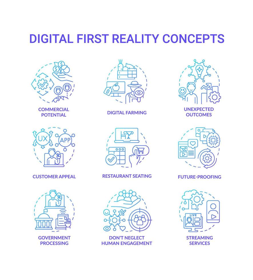 Digital first reality blue gradient concept icons set vector