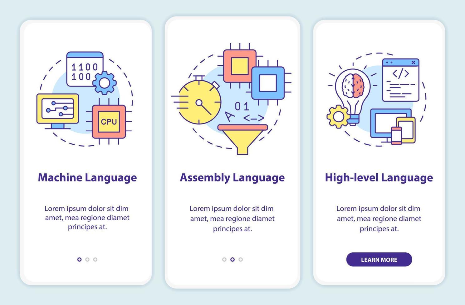 Types of computer languages onboarding mobile app screen vector