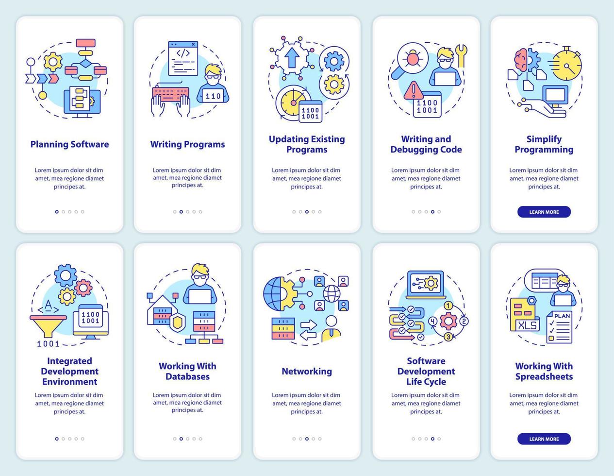 Professional programmer skills onboarding mobile app screen set vector