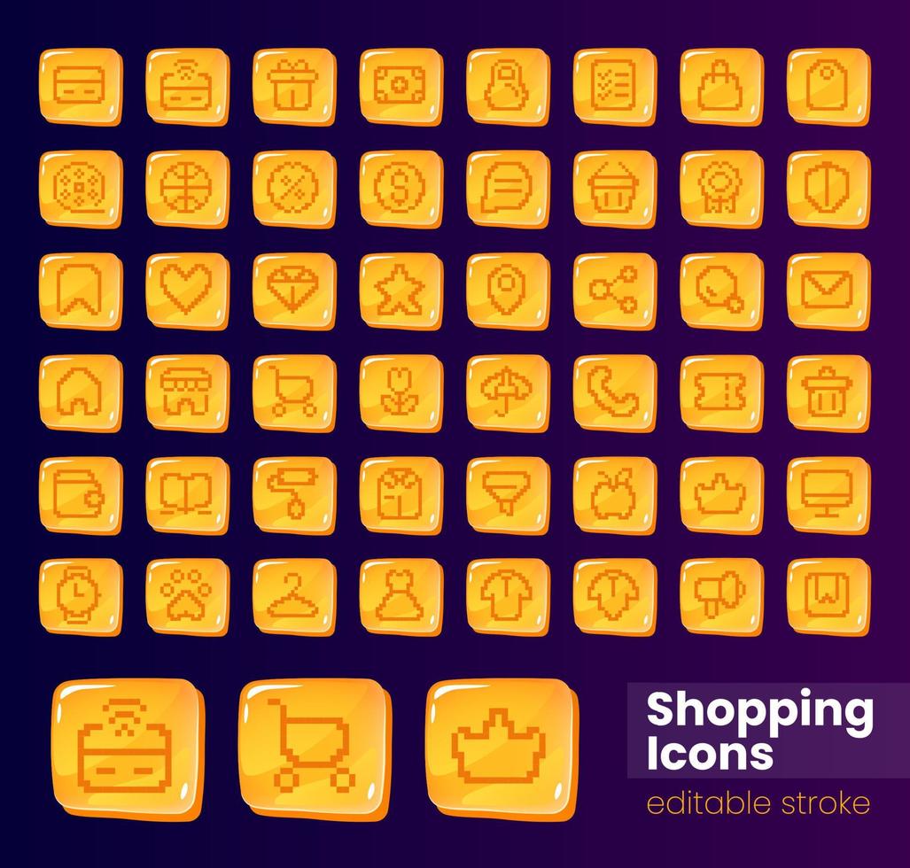 Shopping glossy ui button with pixelated icon big set vector