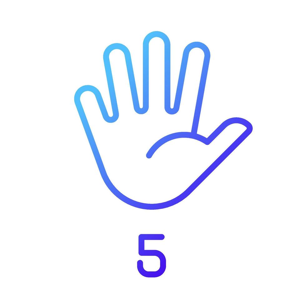 dígito cinco en lenguaje de señas americano píxel perfecto gradiente lineal vector icono