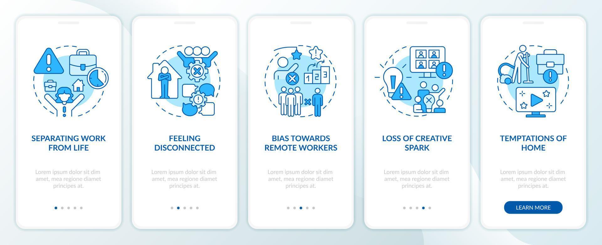 Work from home drawbacks blue onboarding mobile app screen vector