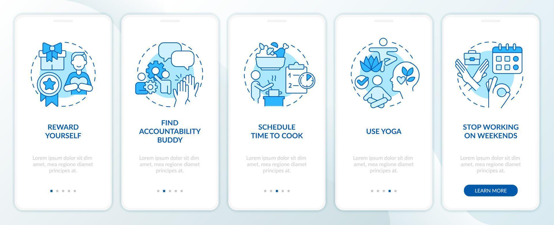 Deal with work burnout blue onboarding mobile app screen vector