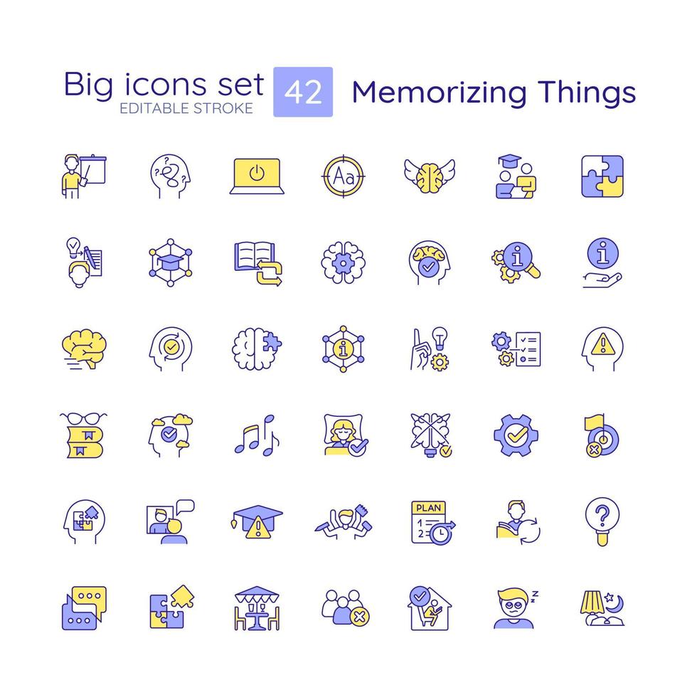 Memorization things strategies RGB color icons set vector