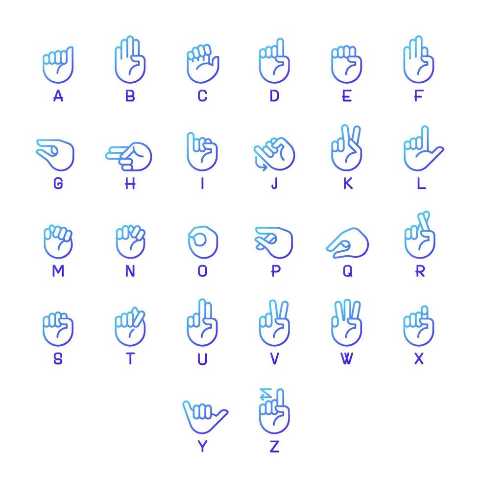 Letters in American sign language pixel perfect gradient linear vector icons set