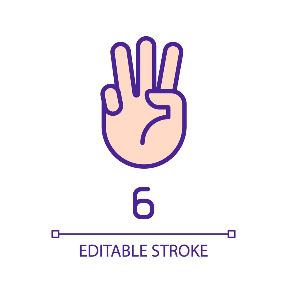 Digit six in American sign language pixel perfect RGB color icon. Visual modality for count. Isolated vector illustration. Simple filled line drawing. Editable stroke. Arial font used