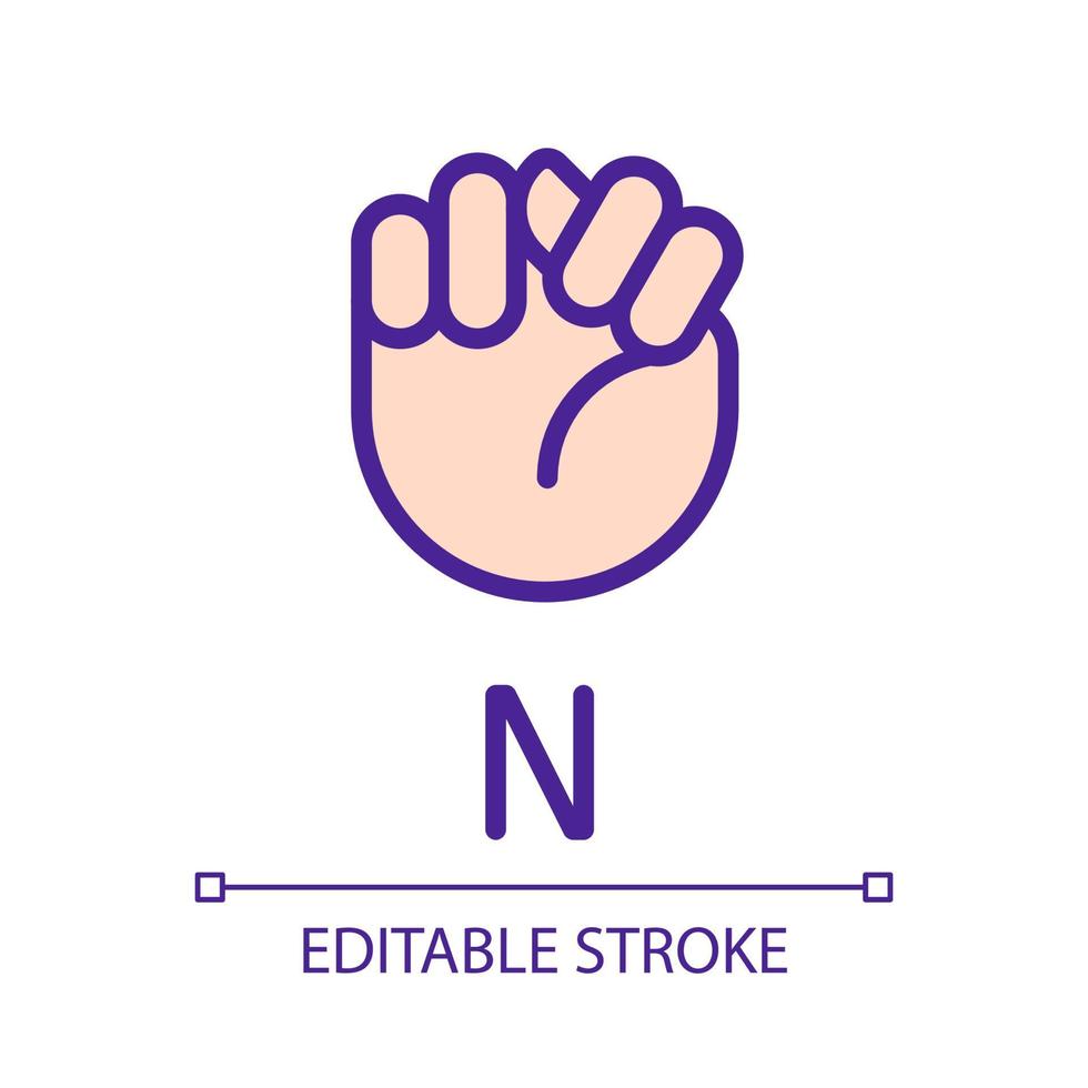 Letter N sign in ASL pixel perfect RGB color icon. Communication system. Visual modality. Isolated vector illustration. Simple filled line drawing. Editable stroke. Arial font used