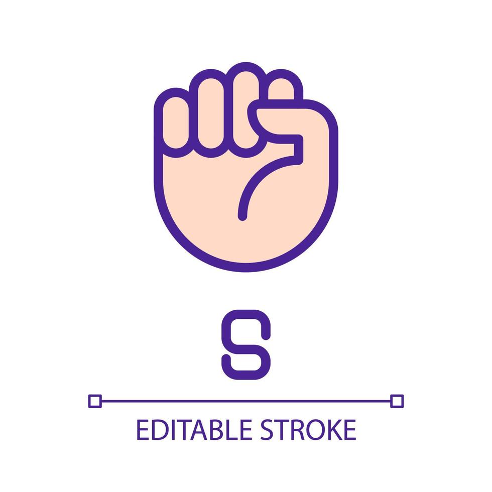 Letter S in American sign language pixel perfect RGB color icon. Fist gesture. Communication modality. Isolated vector illustration. Simple filled line drawing. Editable stroke. Arial font used