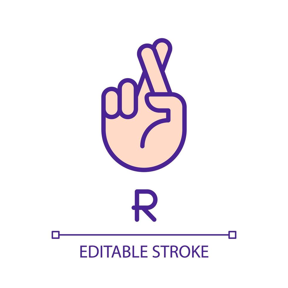 Letter R in American sign language pixel perfect RGB color icon. Connecting gestures. Communication. Isolated vector illustration. Simple filled line drawing. Editable stroke. Arial font used