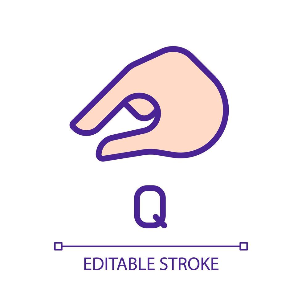 Sing for letter Q in ASL pixel perfect RGB color icon. System of communication. Gestures system. Isolated vector illustration. Simple filled line drawing. Editable stroke. Arial font used