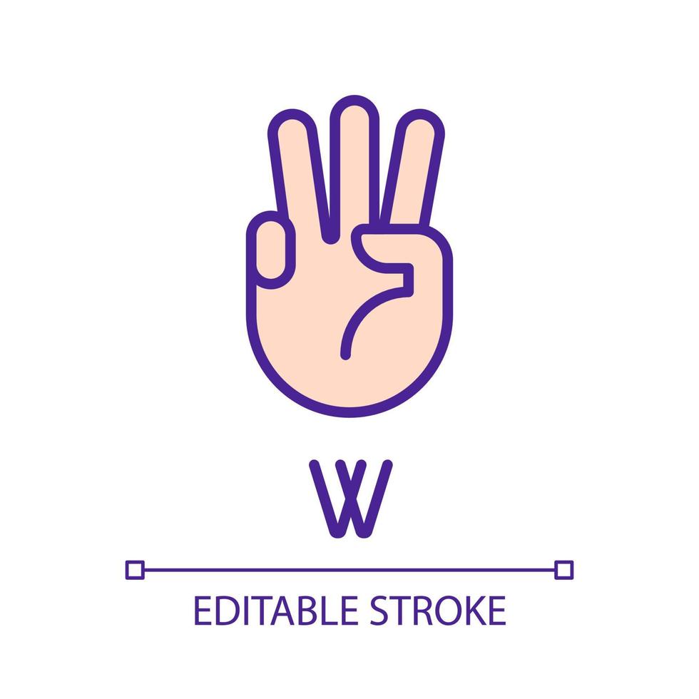 Letter W in American sign language pixel perfect RGB color icon. Nonverbal communication. Gestures system. Isolated vector illustration. Simple filled line drawing. Editable stroke. Arial font used